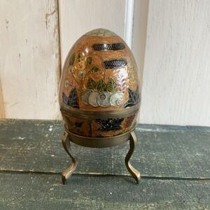 Vintage Gold Tone Enameled Cloisonné Brass Egg Trinket Box Decorative with Stand